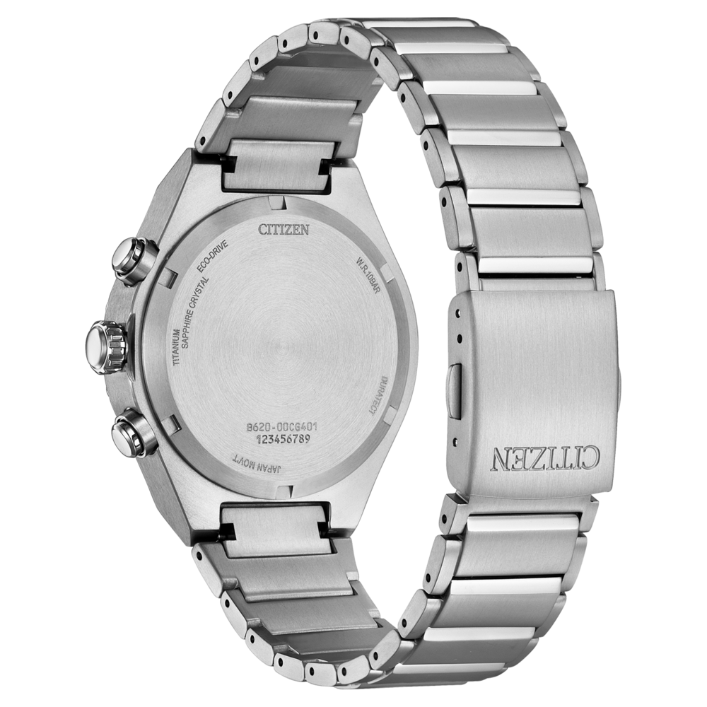 Citizen-Uhrenrückseite, Titan, Saphirkristall, Eco-Drive, W.R.10BAR, Japan Movt.